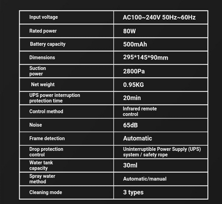 Tabla de especificaciones del robot limpiavidrios: 100–240V, 80W, 2800Pa, 500mAh